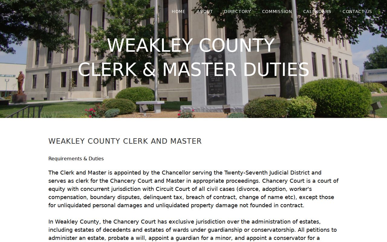 Weakley County Clerk and Master duties for Chancery and probate records