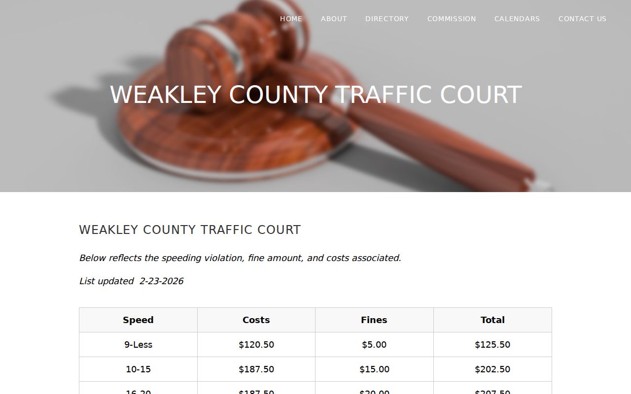 Weakley County General Sessions traffic speeding schedule