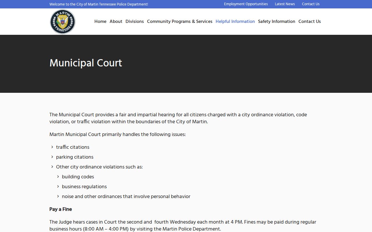 Martin Police Department municipal court information