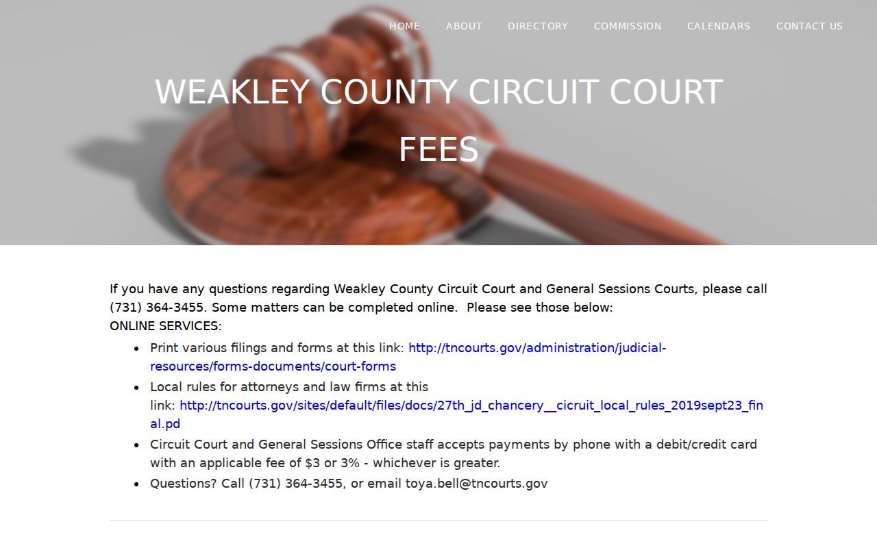 Weakley County court docket copy and filing fee schedule