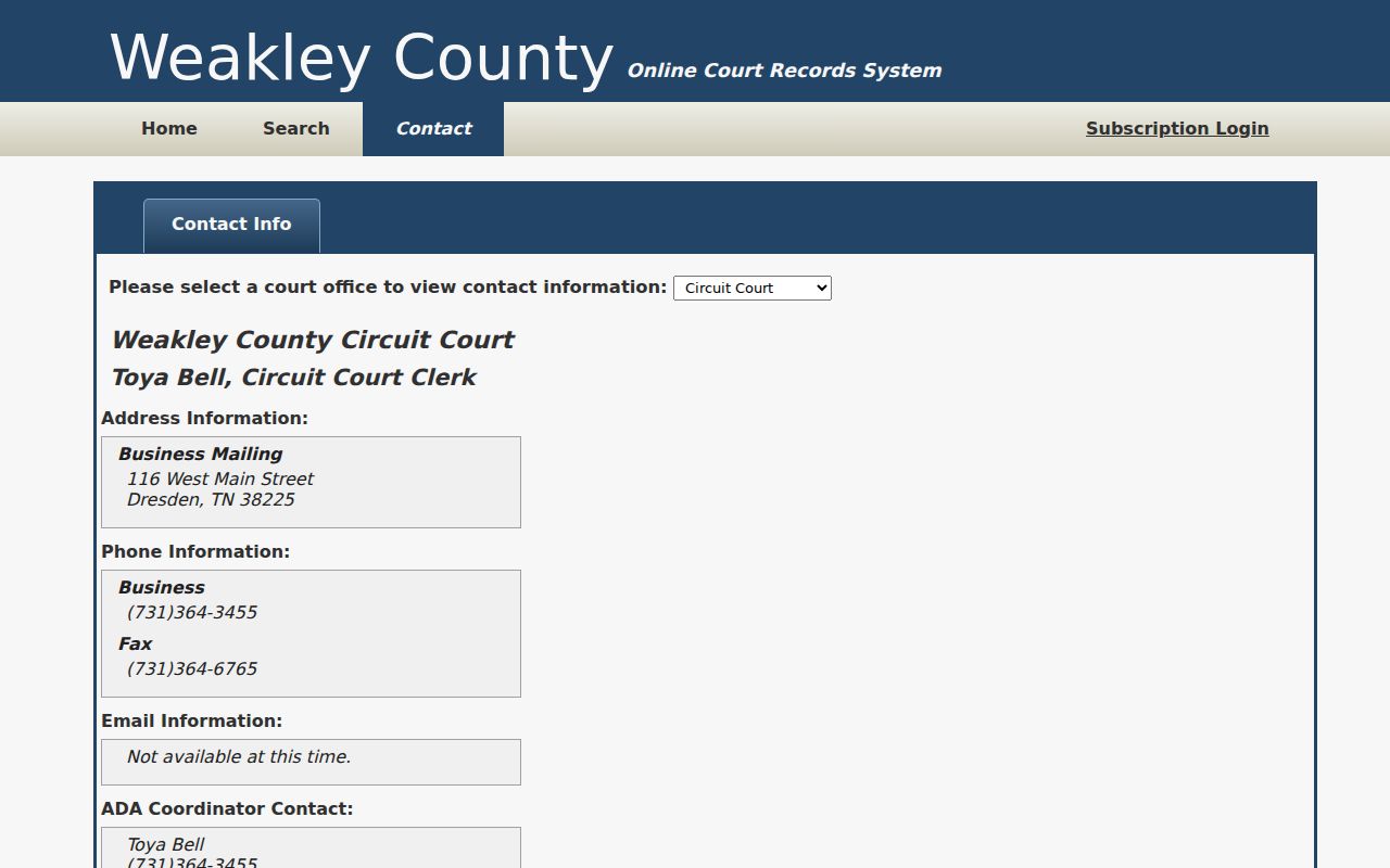 Weakley County court docket TnCIS clerk contact route