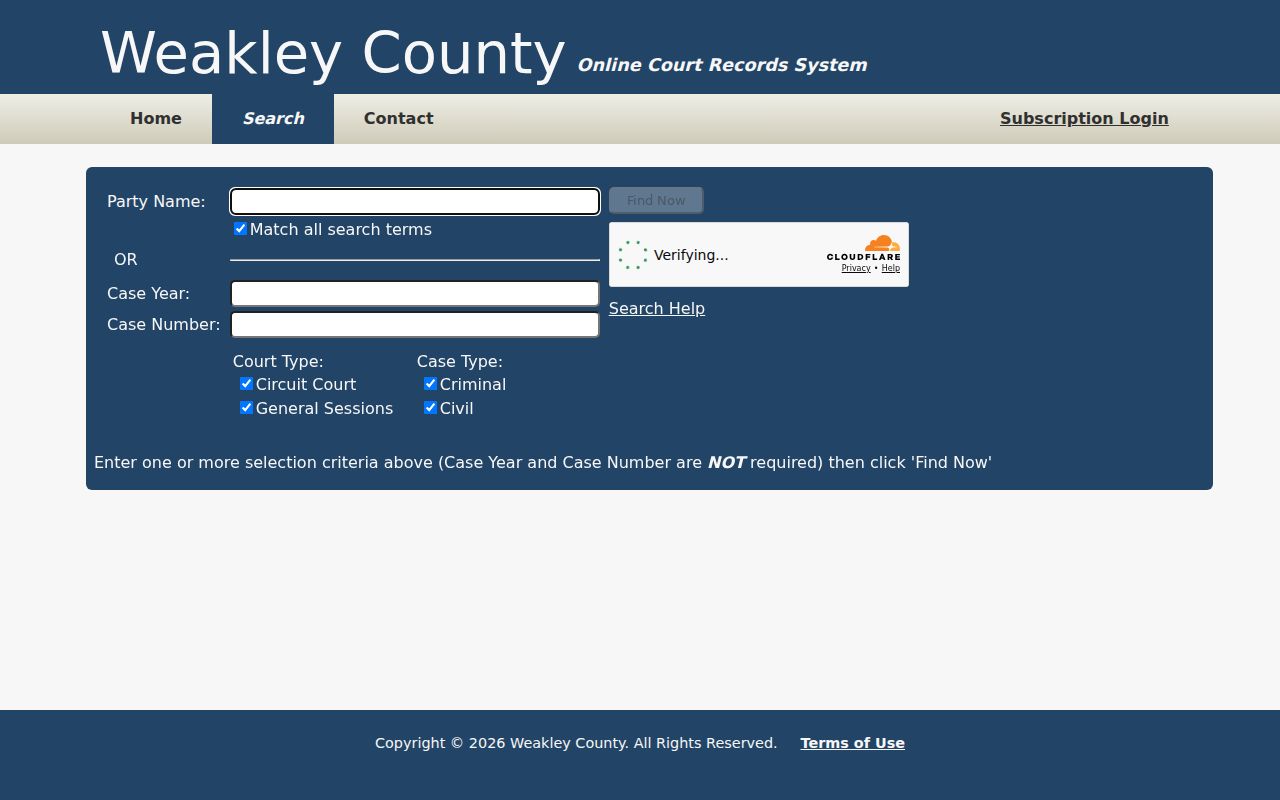 Weakley County court docket TnCIS search form